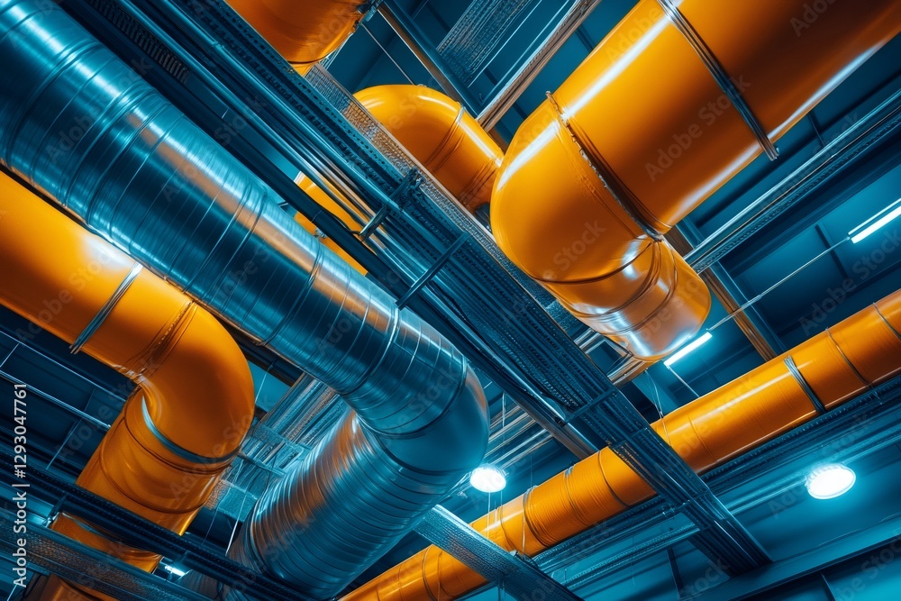 Poster Ventilation system pipes creating industrial abstract in factory ceiling