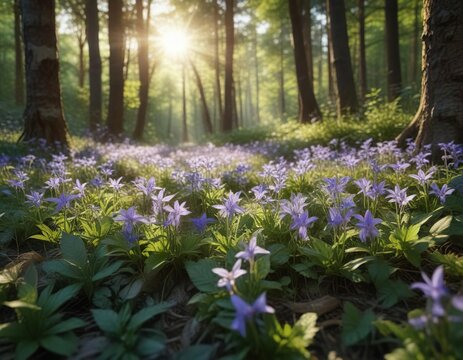 High-angle shot of Campanula muralis growing in a forest with trees and sunlight, forest, flowers, leaves