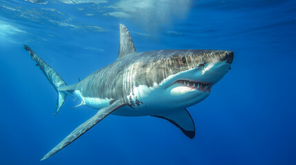 Fototapeta premium Majestic great white shark swimming gracefully in clear ocean waters during a sunny day