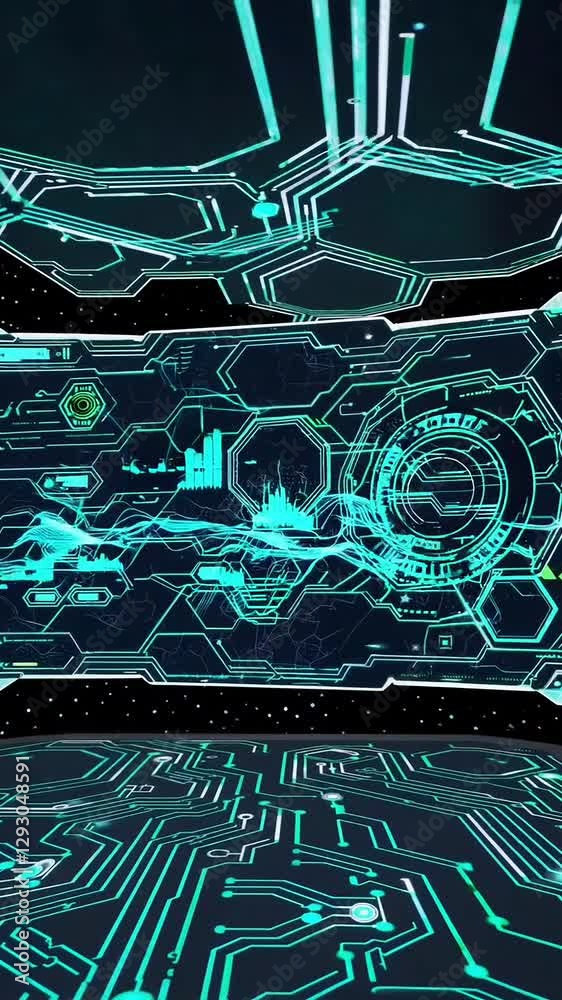 Poster futuristic data room with digital interface and circuit board animation