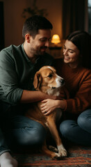 Loving couple sitting at home with their newly adopted dog bonding and creating a warm connection in cozy evening light