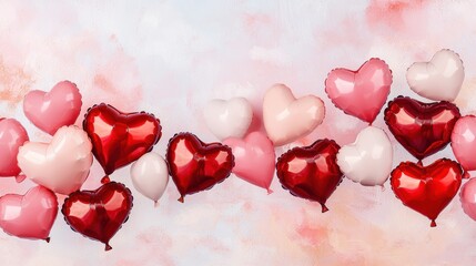 A festive border of red and pink heart-shaped balloons floating on a soft pastel background, creating a romantic and cheerful vibe