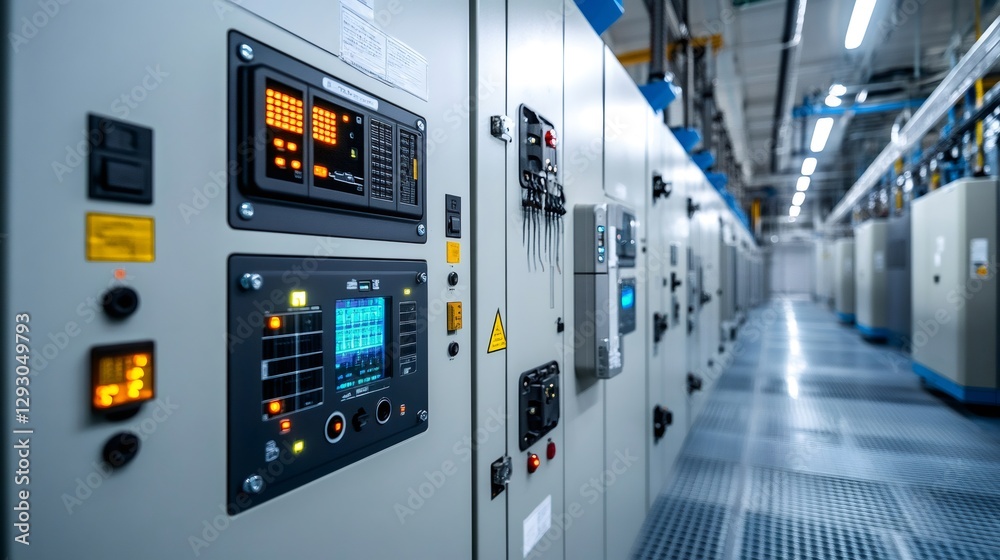 Poster electrical control panels showing data in industrial building