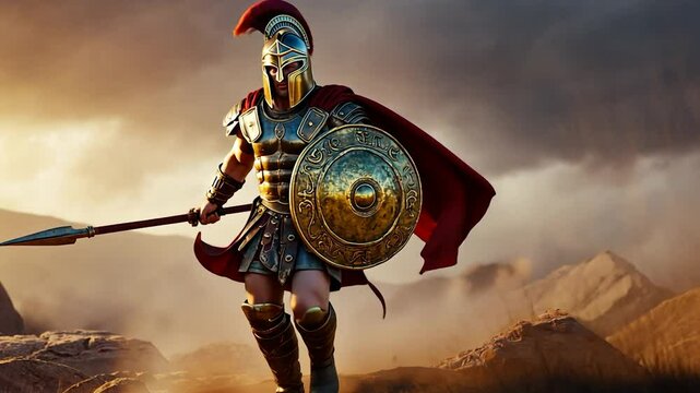 Spartan Warrior in Armor with Shield and Sword - Ancient Greek Military