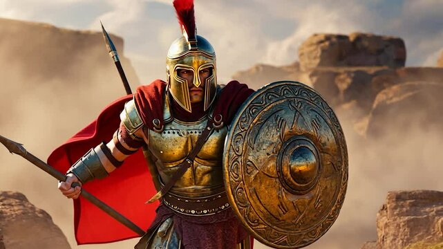 Spartan Warrior in Armor with Shield and Sword - Ancient Greek Military