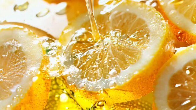 A close-up of fresh lemon slices submerged in a bubbly golden liquid, with a stream of liquid pouring in. The vibrant citrus tones and effervescent bubbles create a refreshing and invigorating visual