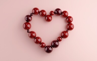 Obraz premium Artistic heart shape formed by glossy red and blush-colored spheres, creating a modern and textured design on a muted pink backdrop