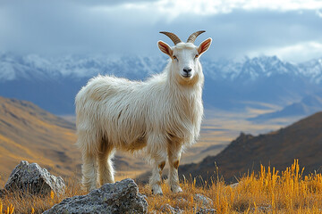 Fototapeta premium White Goat Majesty, Alpine Wanderer in a Golden Meadow Landscape