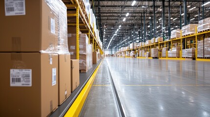 A spacious warehouse filled with neatly stacked boxes, showcasing organized logistics and efficient storage solutions.cargo management warehouse scheduling