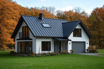 Obraz premium Modern Scandinavian house with white walls, black roof, green grass, and gray garage door, set against a forest and blue sky.
