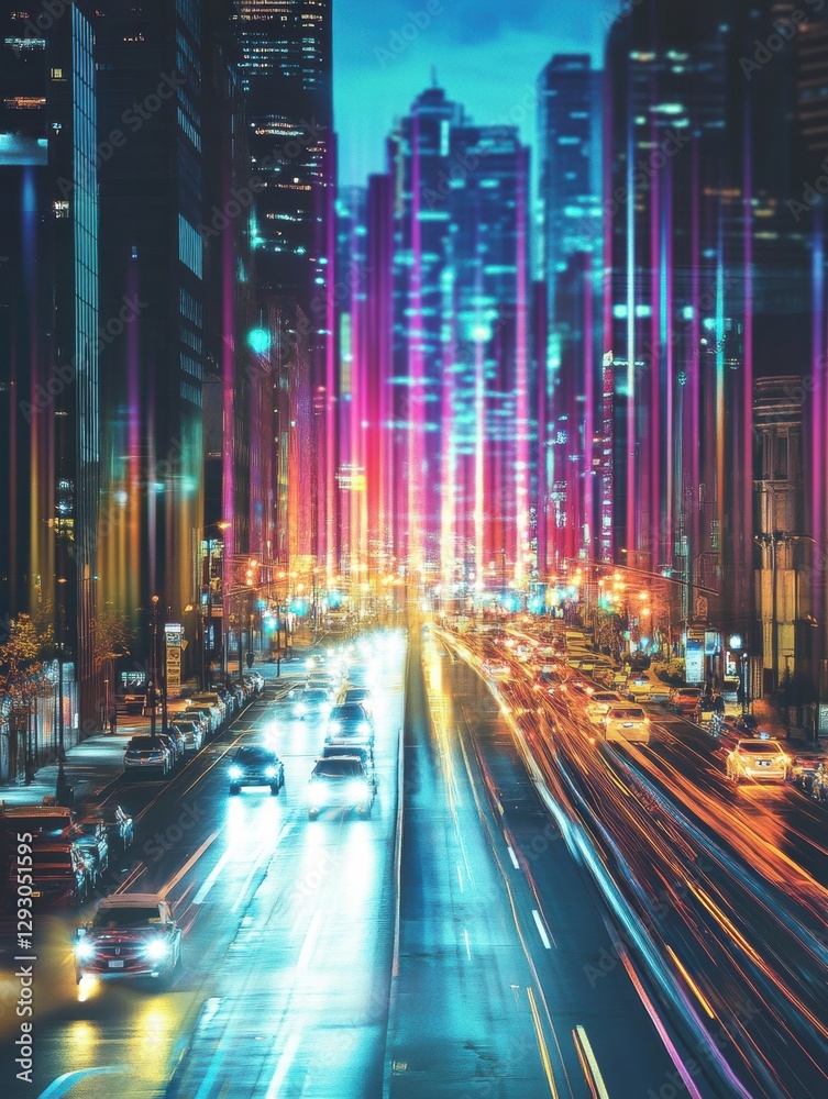 Aufkleber urban road buzzing with activity and layered sound waves in vibrant abstract colors. generative ai