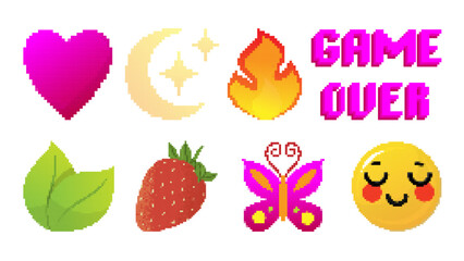 Set of eight vector illustrations in cartoon style. Pixel art icons for messengers and social networks. Retro emoji.