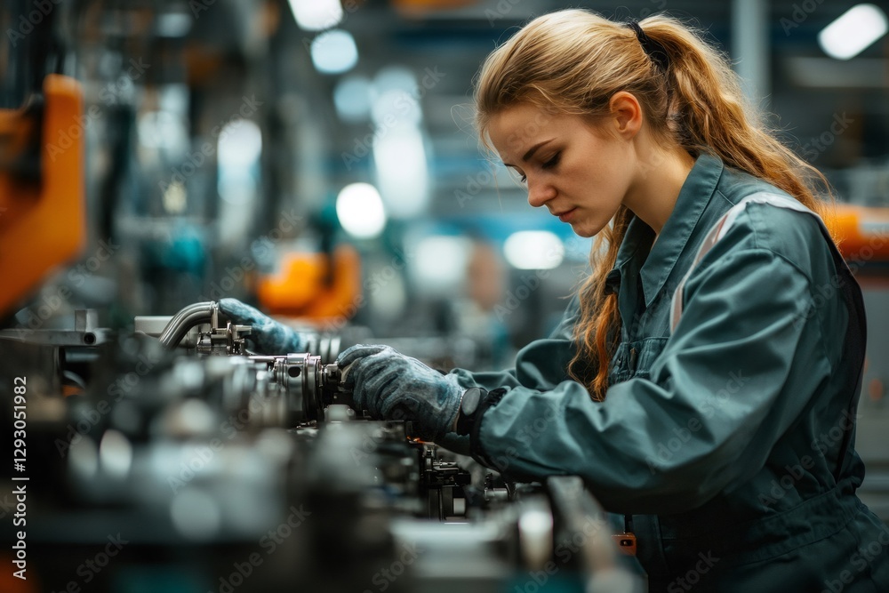 Aufkleber female mechanical engineer working on a machine in a factory