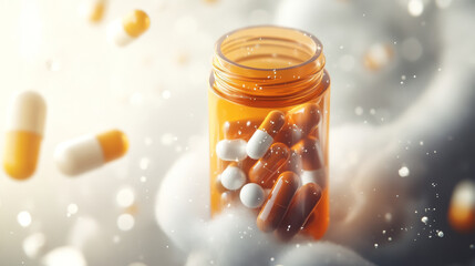 vibrant vitamin jar filled with colorful capsules, floating in dreamy atmosphere