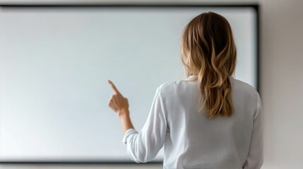 Businesswoman standing in front of large screen pointing to presentation slide while the audience reacts with enthusiasm and engagement during a corporate event seminar or conference