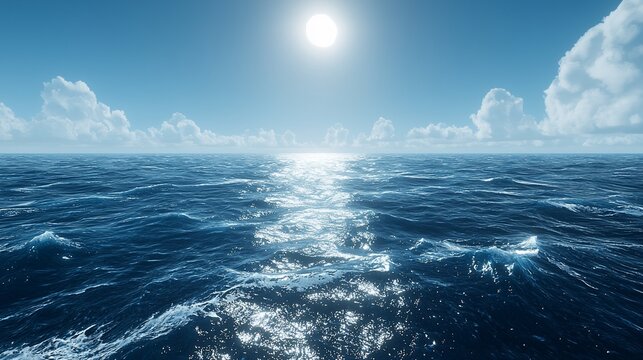 Sunlit ocean surface with gentle waves and clear blue sky. - Powered by Adobe