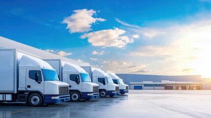 A row of white trucks parked at a distribution center under a clear blue sky, with sunlight illuminating the scene.cargo management warehouse scheduling