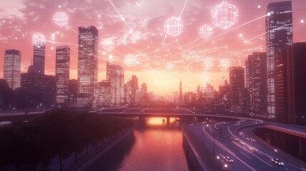 Futuristic city skyline at sunrise with interconnected brain icons.