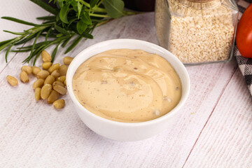 Delicious walnut creamy sauce in the bowl