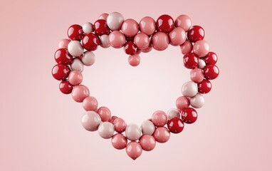 Obraz premium Modern heart design constructed from glossy and matte spheres, blending shades of red and pink, set on a warm pastel pink canvas