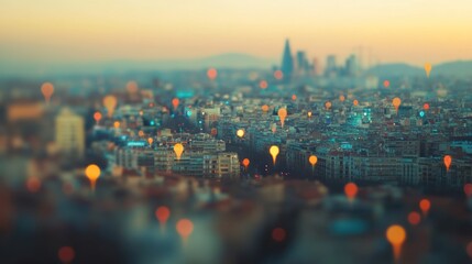 Blurred cityscape aerial view with colorful pinpoints, suggestive of location markers or city lights.