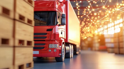 A vibrant red truck is parked in a warehouse surrounded by wooden pallets and soft, glowing lights, creating a warm atmosphere.cargo management warehouse scheduling