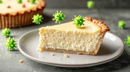 depiction of pathogens viruses and bacteria hovering over a delectable slice of pie creating an unsettling contrast between the dessert s sweetness and the creepy