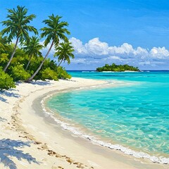 Fototapeta premium vibrant painting of a tropical beach with turquoise waters, white sand, and lush palm trees.