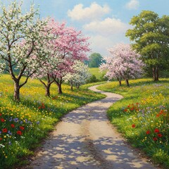 Naklejka premium An oil painting of a peaceful countryside road lined with blooming trees and colorful wildflowers.