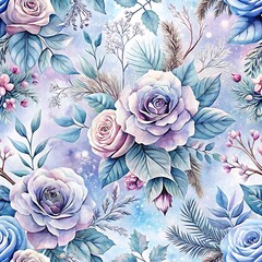 Blue and purple flower pattern with roses and leaves