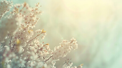 Branches of cherry blossom against light blue sky background in sunlight. Spring time. Beautiful image of spring nature. Soft focus. Copy space