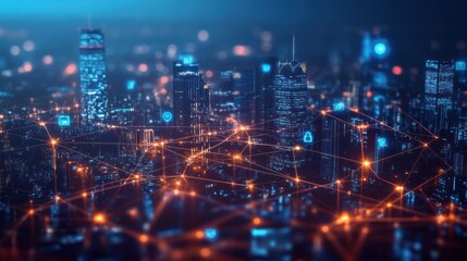 Futuristic cityscape network, interconnected illuminated city at night, glowing network connections.