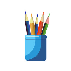 Brushes, pencils and pens in the holder. Vector illustration
