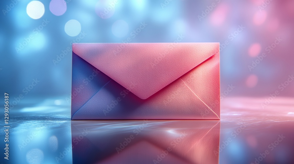 Poster Pink and blue envelope with soft reflections on a sparkling bokeh background, symbolizing communication and elegance. Modern messaging and digital correspondence concept