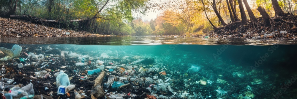 Poster Contrast between polluted river filled with trash and pristine stream showcasing environmental degradation and preservation efforts. Generative AI