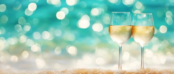 Two wine glasses are on a beach with the ocean in the background