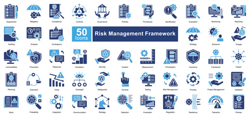 Risk Management Framework icon set in Two Color style, featuring 50 icons of assessment, compliance, security, and governance. Ideal for corporate risk analysis, auditing, and policy enforcement.
