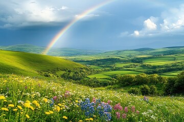 Rainbow touching green hills in blooming flower field