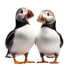 Two puffins with even lighting against white backdrop