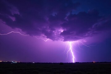 Fierce purple thunderstorm, jagged lightning bolts across night, spectacular, omen