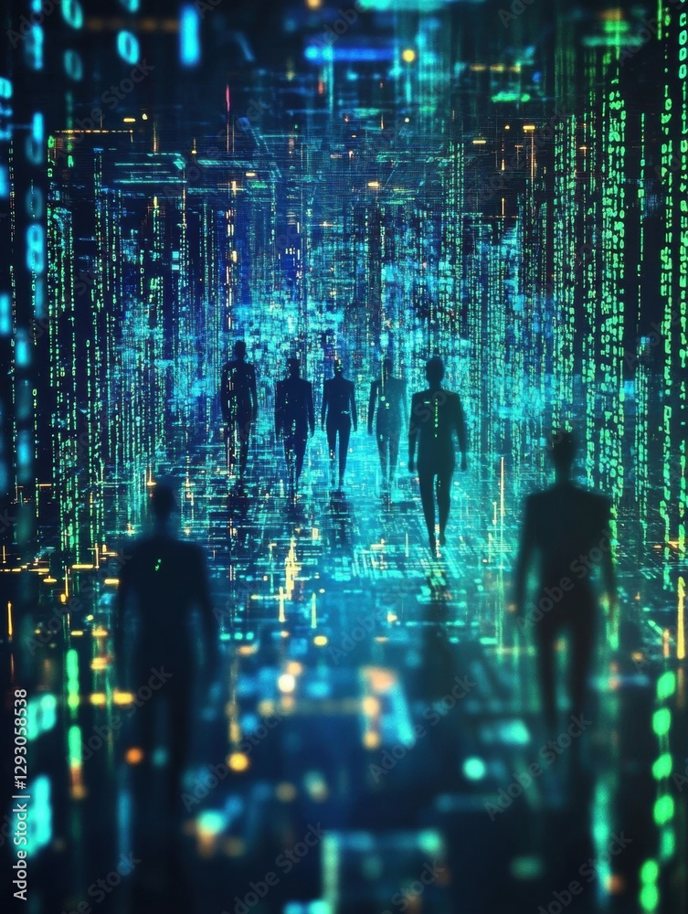 Leinwandbilder futuristic digital landscape with human silhouettes immersed in floating matrix code. generative ai
