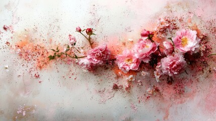 A floral arrangement of pink roses and smaller flowers is set against a white background with pink and orange paint splatters.