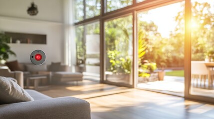 Carbon monoxide detector in a modern living room with large windows. Featuring protection and alertness