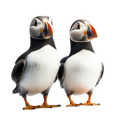 Two puffins with even lighting against white backdrop