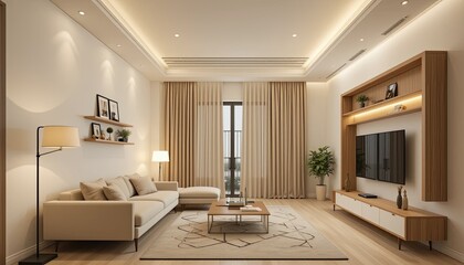 A cozy and modern living room with a high ceiling, illuminated by warm lighting