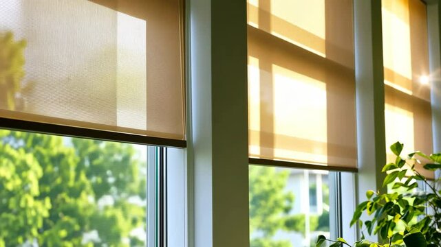 Motorized striped blinds beige color closeup in the window opening. Automatic home roller shades and curtains. Modern bottom up privacy shades half raised on apartment windows. Windowsill with plants