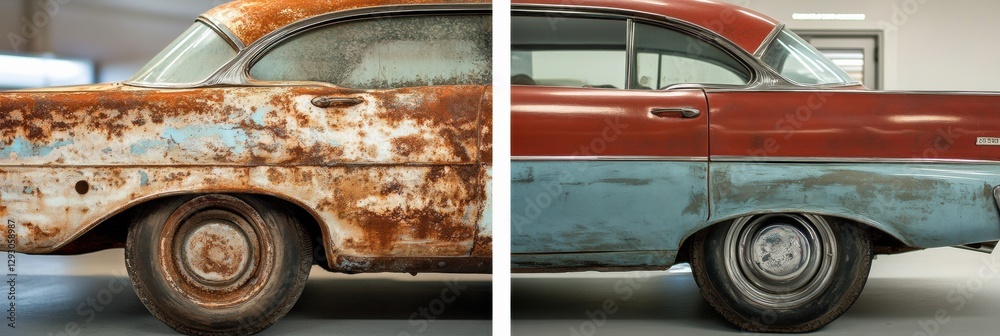 Poster Before and after restoration of a classic car showcasing transformation from rusty to polished condition. Generative AI