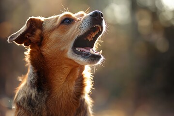 Aggressive brown dog baring teeth and growling outdoors
