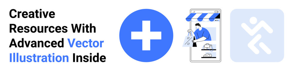 Blue cross sign, artist creating on tablet, storefront graphic, and action icon symbolizing health. Ideal for creativity, healthcare, digital tools, e-commerce, productivity innovation flat landing