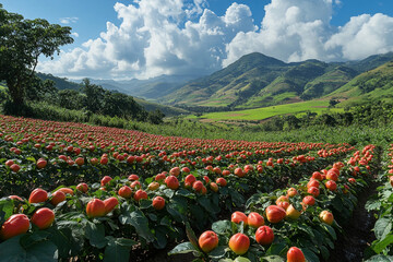 Fototapeta premium Crimson Harvest, A vibrant tomato field nestled within verdant mountainscapes